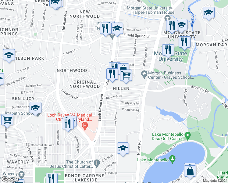 map of restaurants, bars, coffee shops, grocery stores, and more near 1519 Argonne Drive in Baltimore