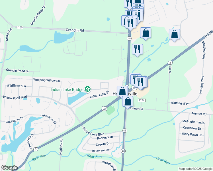 map of restaurants, bars, coffee shops, grocery stores, and more near 268 Indian Lake Drive in Maineville