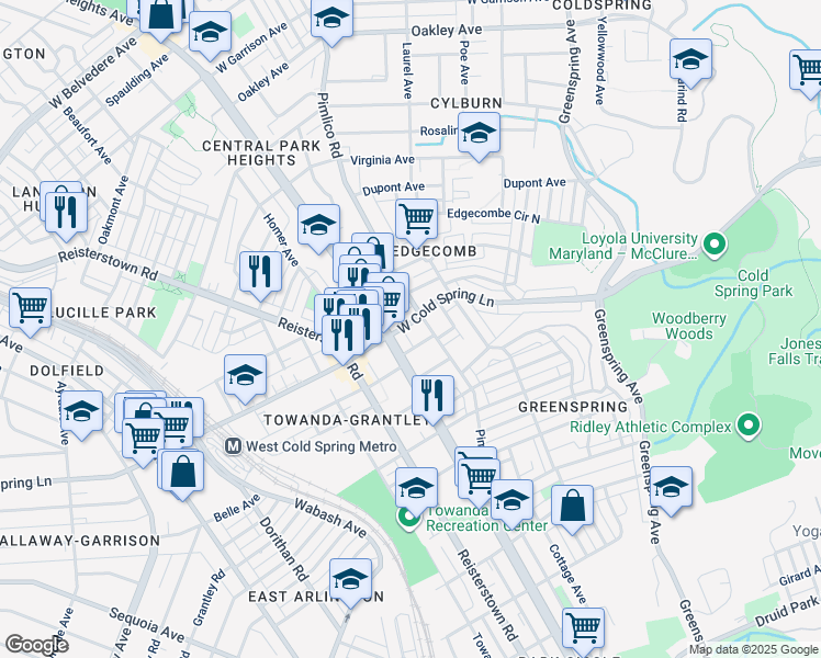 map of restaurants, bars, coffee shops, grocery stores, and more near 2623 West Cold Spring Lane in Baltimore