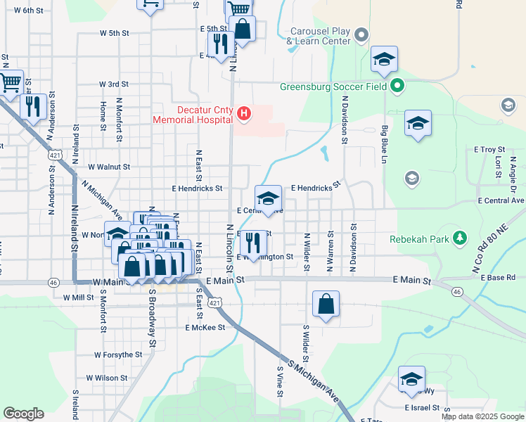 map of restaurants, bars, coffee shops, grocery stores, and more near 505 East Central Avenue in Greensburg
