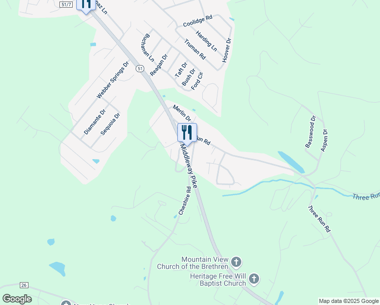 map of restaurants, bars, coffee shops, grocery stores, and more near 1697 Middleway Pike in Bunker Hill