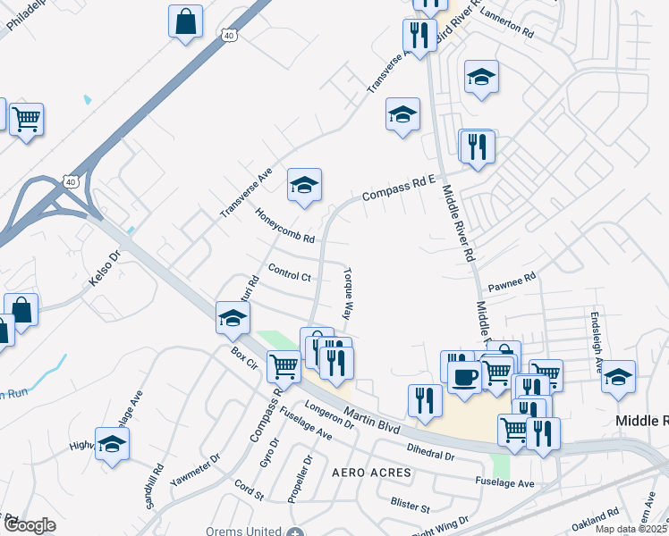 map of restaurants, bars, coffee shops, grocery stores, and more near 11 Torque Way in Middle River