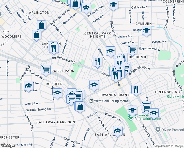 map of restaurants, bars, coffee shops, grocery stores, and more near 2808 Waldorf Avenue in Baltimore