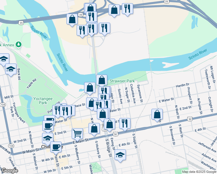 map of restaurants, bars, coffee shops, grocery stores, and more near 329 Riverside Street in Chillicothe
