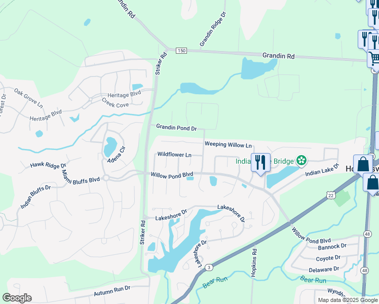 map of restaurants, bars, coffee shops, grocery stores, and more near 942 Wildflower Lane in Maineville