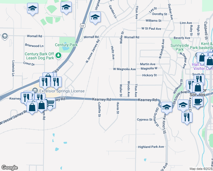 map of restaurants, bars, coffee shops, grocery stores, and more near 130 South Holtz in Excelsior Springs