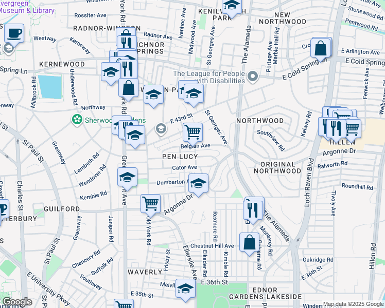 map of restaurants, bars, coffee shops, grocery stores, and more near 822 East 41st Street in Baltimore