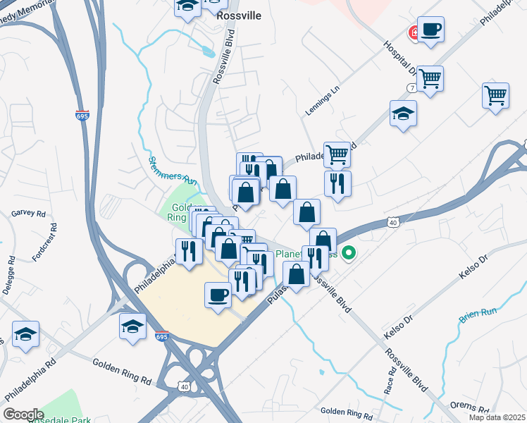 map of restaurants, bars, coffee shops, grocery stores, and more near 1236 Race Road in Rosedale