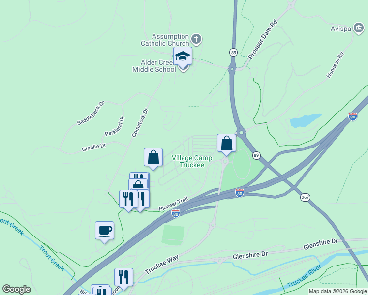 map of restaurants, bars, coffee shops, grocery stores, and more near Oakwood Lane in Truckee