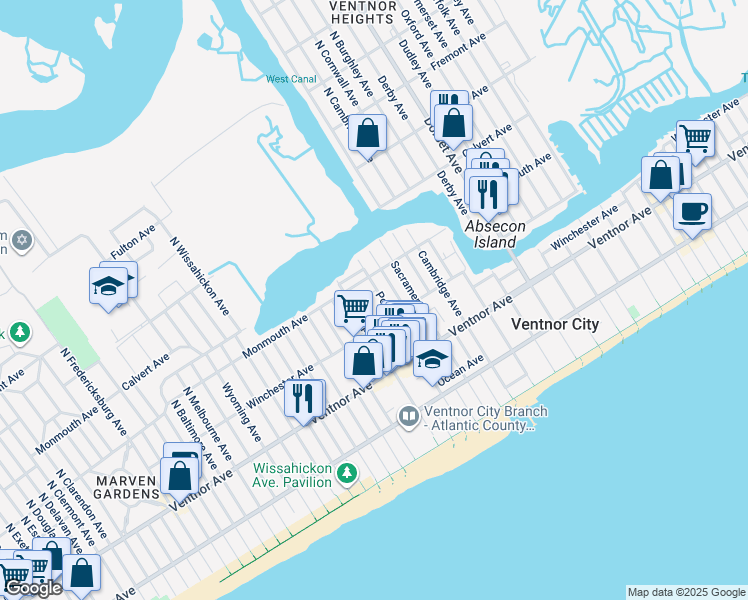 map of restaurants, bars, coffee shops, grocery stores, and more near 125 North Portland Avenue in Ventnor City