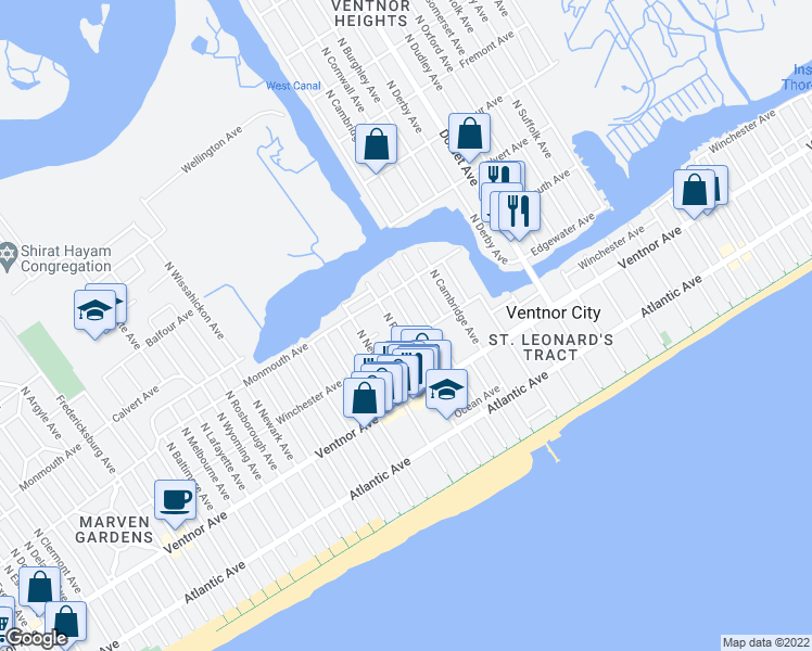 map of restaurants, bars, coffee shops, grocery stores, and more near 105 North Sacramento Avenue in Ventnor City