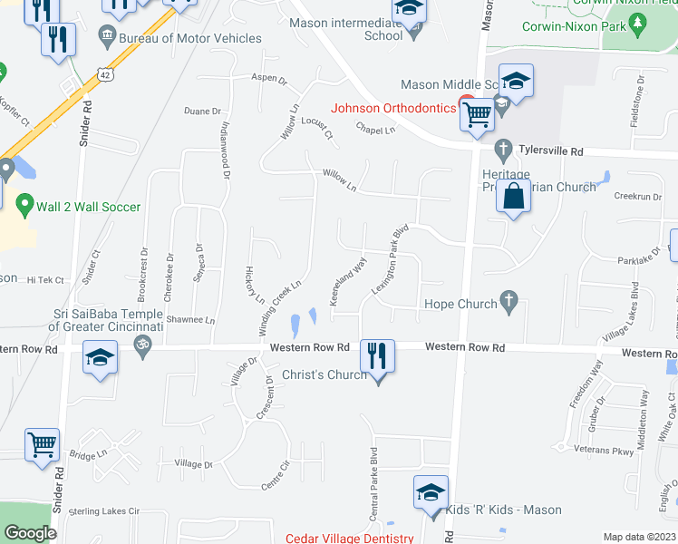map of restaurants, bars, coffee shops, grocery stores, and more near 6809 Keeneland Way in Mason