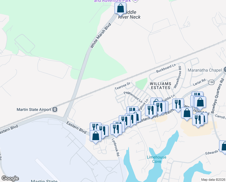 map of restaurants, bars, coffee shops, grocery stores, and more near 40 Tearose Drive in Middle River