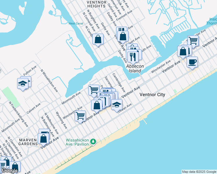 map of restaurants, bars, coffee shops, grocery stores, and more near 105 North Sacramento Avenue in Ventnor City