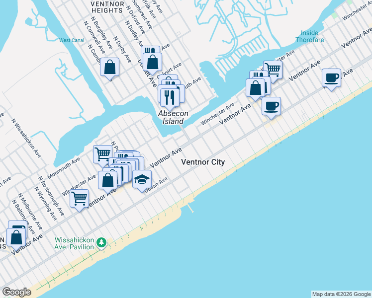 map of restaurants, bars, coffee shops, grocery stores, and more near in Ventnor City