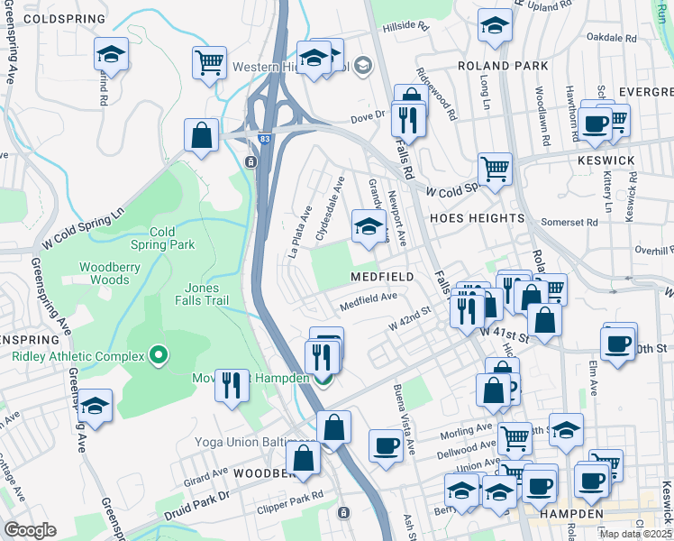 map of restaurants, bars, coffee shops, grocery stores, and more near 1501 Wood Heights Avenue in Baltimore