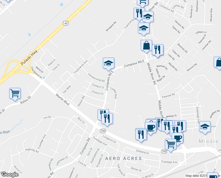 map of restaurants, bars, coffee shops, grocery stores, and more near 11 Torque Way in Middle River