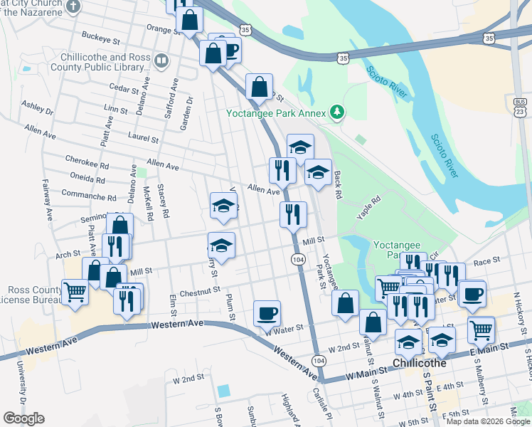 map of restaurants, bars, coffee shops, grocery stores, and more near 366 Church Street in Chillicothe