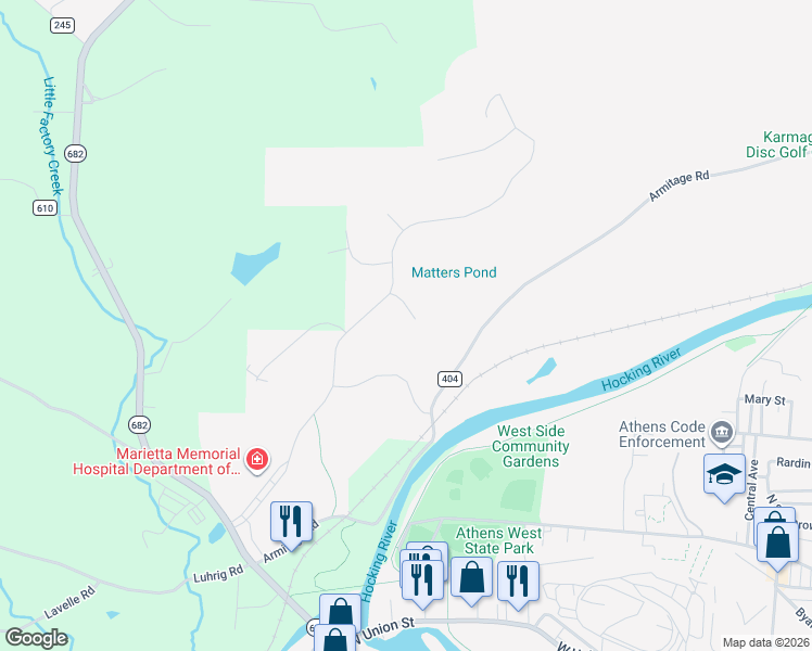 map of restaurants, bars, coffee shops, grocery stores, and more near 5 Maple Grove Way in Athens