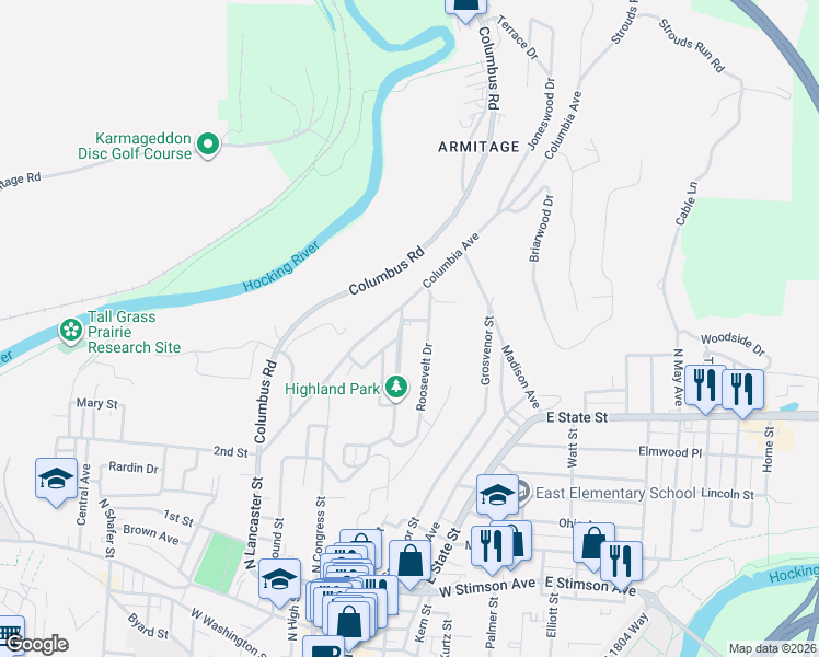 map of restaurants, bars, coffee shops, grocery stores, and more near 20 Roosevelt Drive in Athens