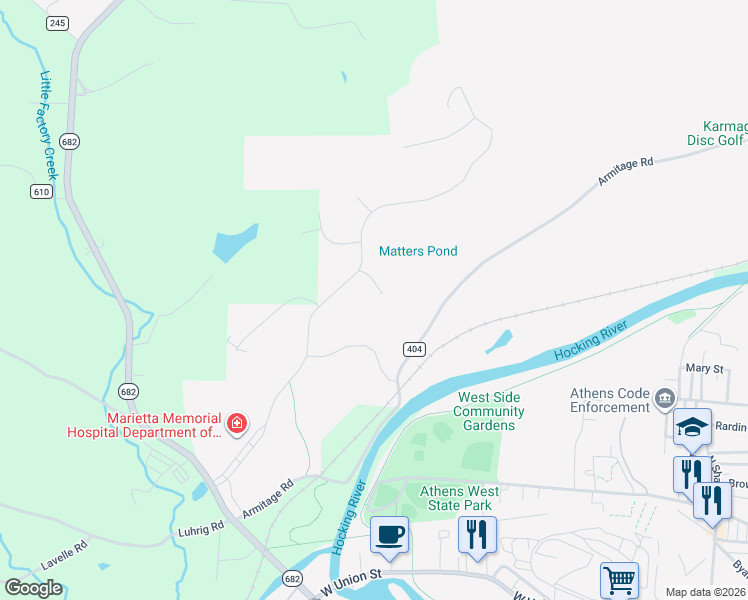 map of restaurants, bars, coffee shops, grocery stores, and more near 5 Maple Grove Way in Athens