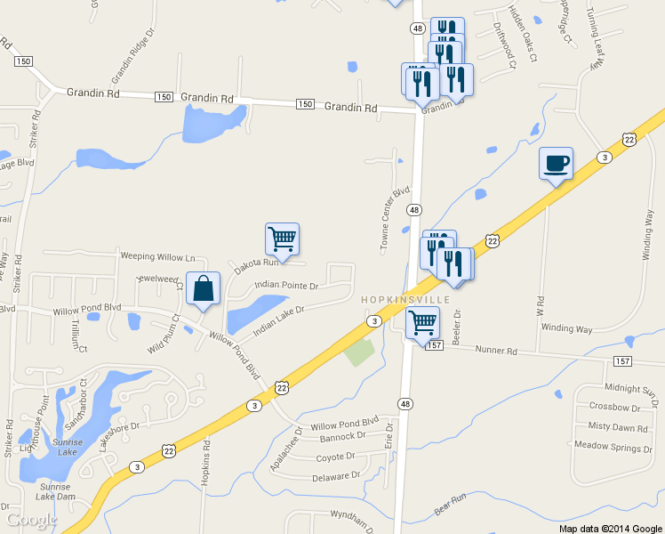 map of restaurants, bars, coffee shops, grocery stores, and more near 212 Indian Lake Drive in Maineville