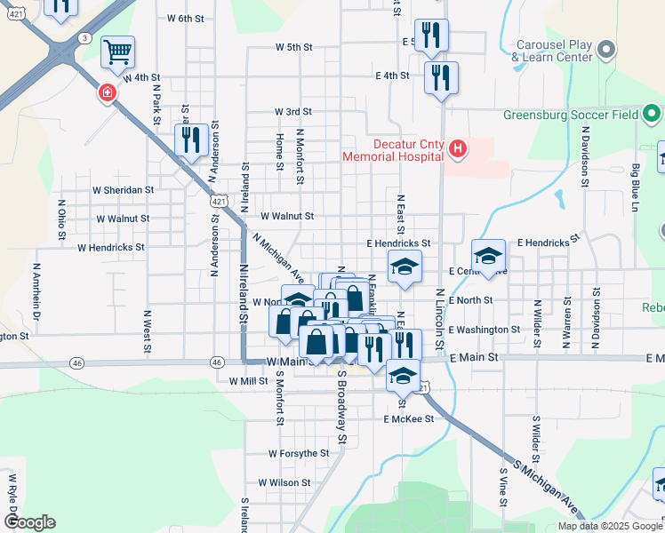 map of restaurants, bars, coffee shops, grocery stores, and more near 425 North Broadway Street in Greensburg