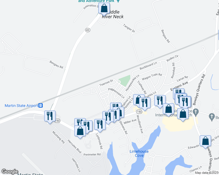 map of restaurants, bars, coffee shops, grocery stores, and more near 63 Peppermint Lane in Middle River