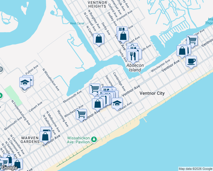 map of restaurants, bars, coffee shops, grocery stores, and more near 105 North Sacramento Avenue in Ventnor City