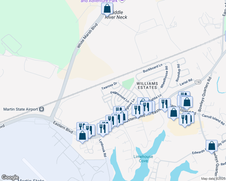 map of restaurants, bars, coffee shops, grocery stores, and more near 63 Peppermint Lane in Middle River