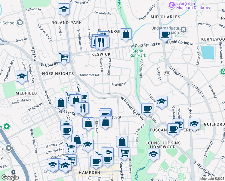map of restaurants, bars, coffee shops, grocery stores, and more near 620 West University Parkway in Baltimore