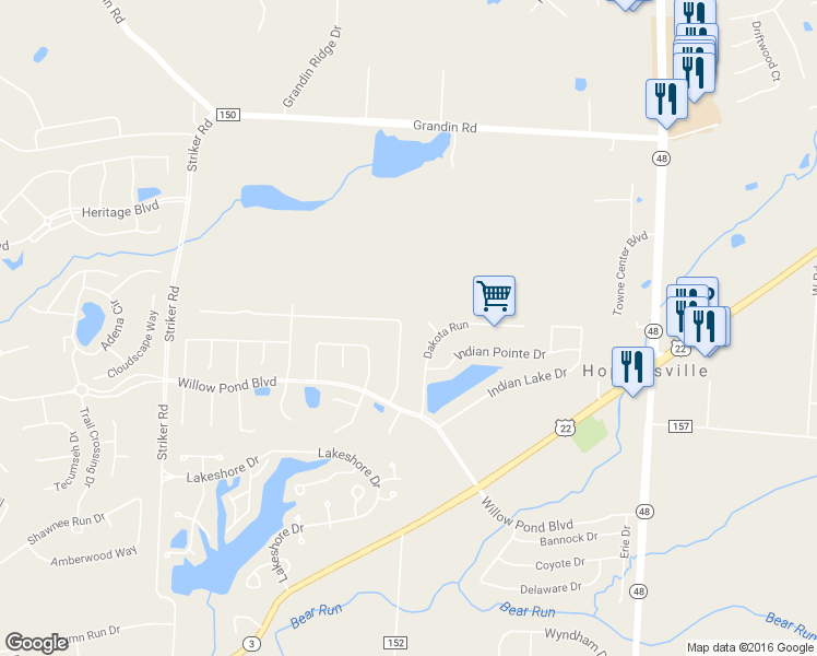 map of restaurants, bars, coffee shops, grocery stores, and more near 658 Weeping Willow Lane in Maineville