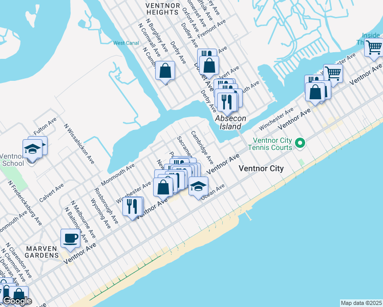 map of restaurants, bars, coffee shops, grocery stores, and more near 105 North Sacramento Avenue in Ventnor City