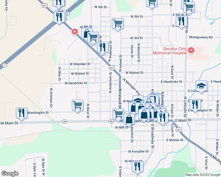 map of restaurants, bars, coffee shops, grocery stores, and more near 423 N Anderson St in Greensburg