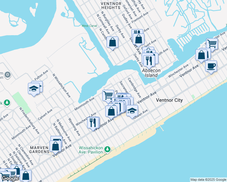 map of restaurants, bars, coffee shops, grocery stores, and more near 125 North Portland Avenue in Ventnor City