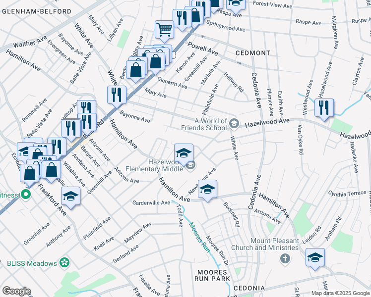 map of restaurants, bars, coffee shops, grocery stores, and more near 5716 Plainfield Avenue in Baltimore