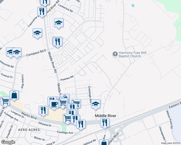 map of restaurants, bars, coffee shops, grocery stores, and more near 35 Nakota Court in Middle River