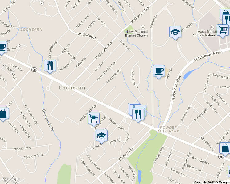 map of restaurants, bars, coffee shops, grocery stores, and more near 3623 Landbeck Road in Lochearn