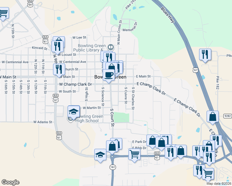 map of restaurants, bars, coffee shops, grocery stores, and more near 119 South Main Cross Street in Bowling Green