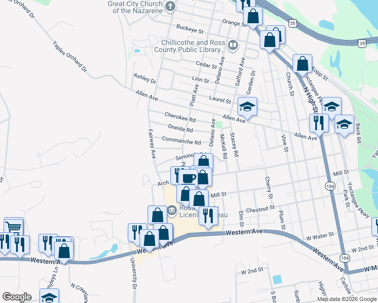 map of restaurants, bars, coffee shops, grocery stores, and more near 613 Seminole Road in Chillicothe