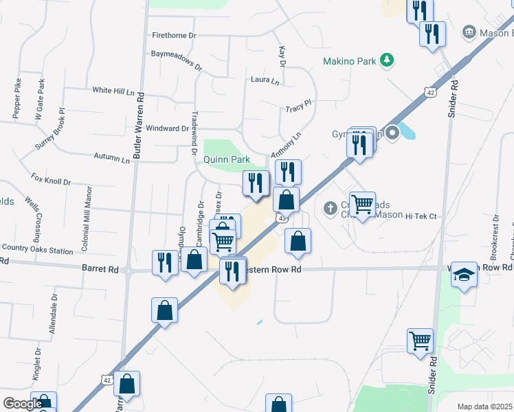 map of restaurants, bars, coffee shops, grocery stores, and more near 1065 Reading Road in Mason