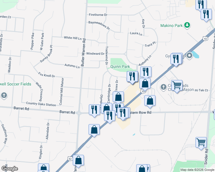 map of restaurants, bars, coffee shops, grocery stores, and more near 937 Cambridge Drive in Mason