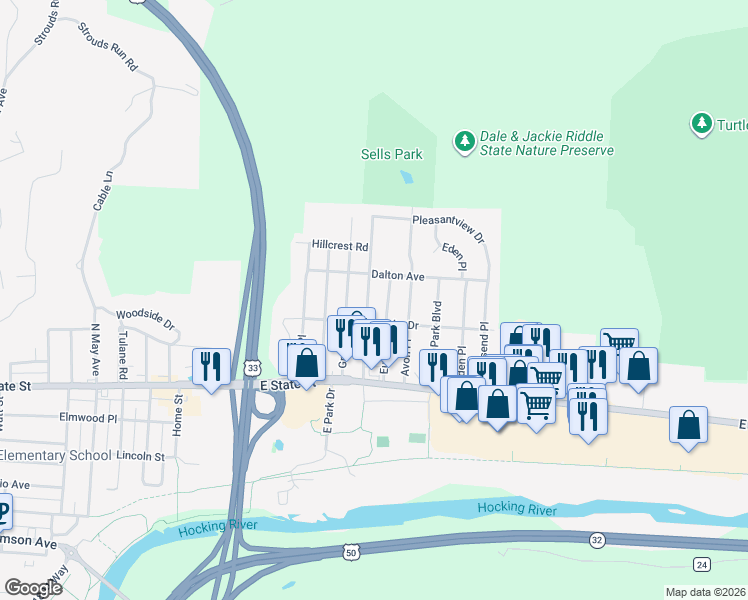 map of restaurants, bars, coffee shops, grocery stores, and more near 33 Euclid Drive in Athens