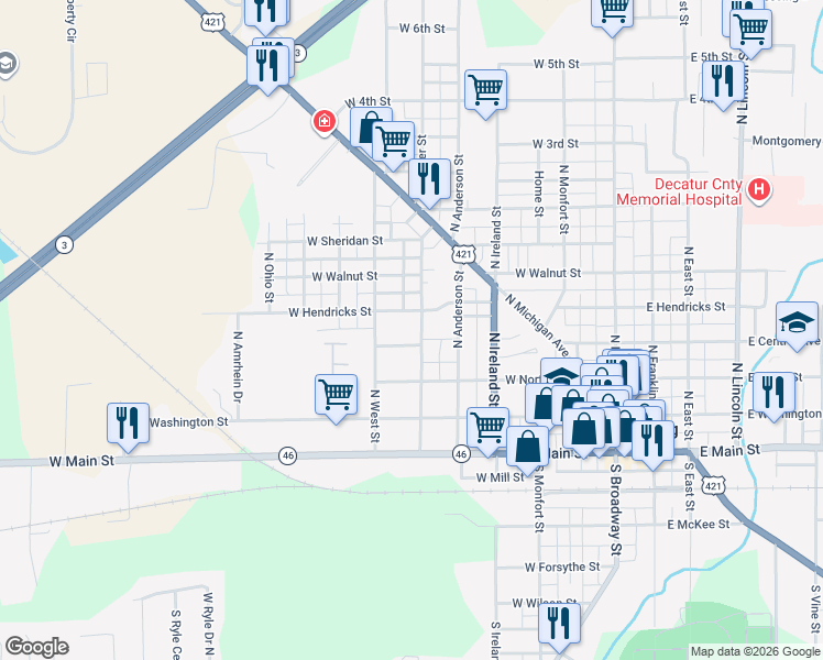 map of restaurants, bars, coffee shops, grocery stores, and more near 621 West Hendricks Street in Greensburg