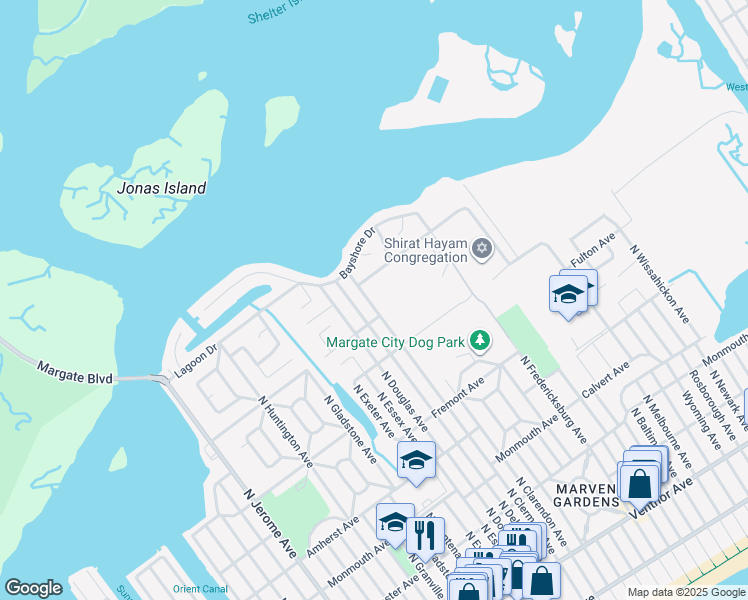 map of restaurants, bars, coffee shops, grocery stores, and more near 605 North Clermont Avenue in Margate City