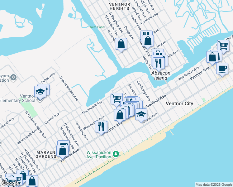 map of restaurants, bars, coffee shops, grocery stores, and more near 6429 Monmouth Avenue in Ventnor City