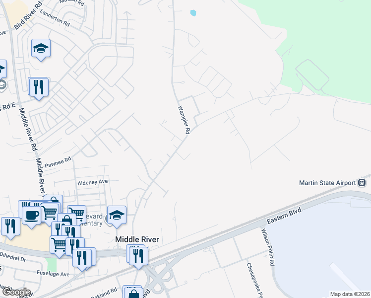 map of restaurants, bars, coffee shops, grocery stores, and more near 609 Wampler Road in Middle River
