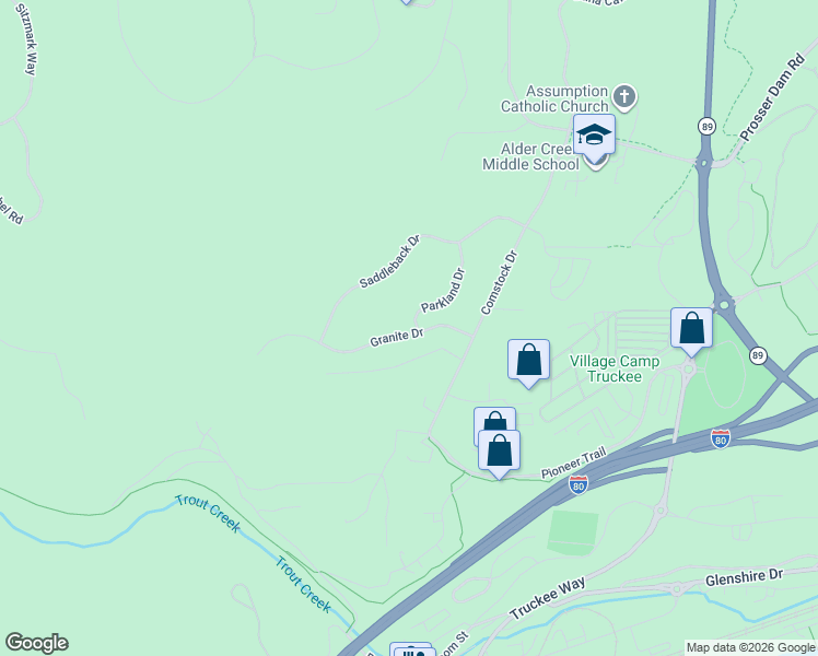map of restaurants, bars, coffee shops, grocery stores, and more near 12474 Granite Drive in Truckee