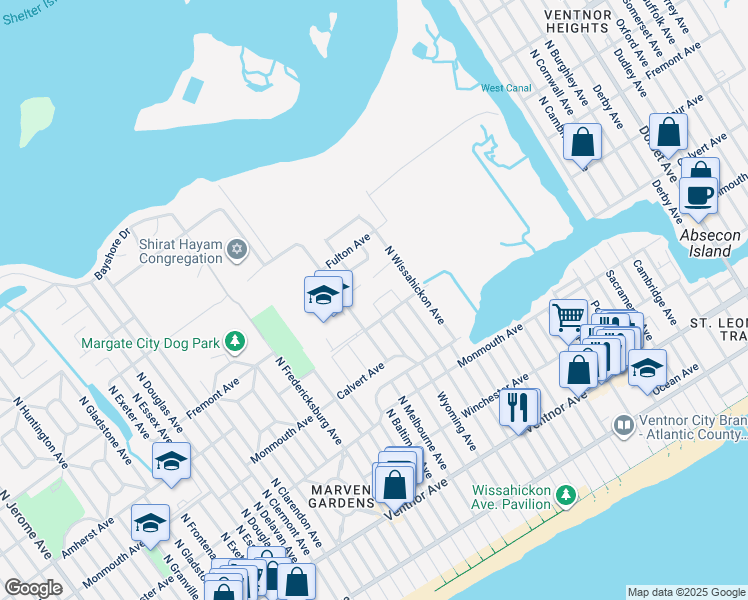 map of restaurants, bars, coffee shops, grocery stores, and more near 328 Hampshire Drive in Ventnor City