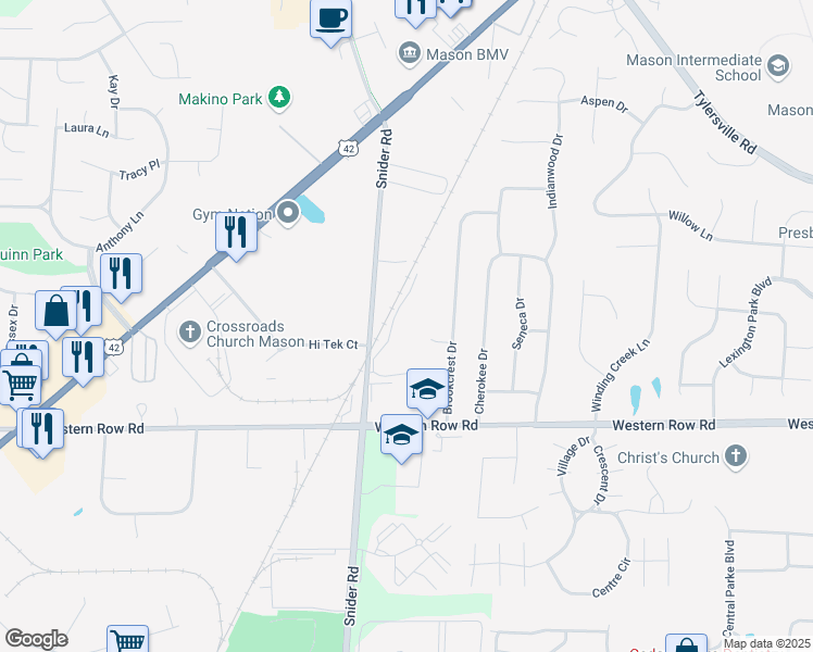 map of restaurants, bars, coffee shops, grocery stores, and more near 200 Snider Court in Mason